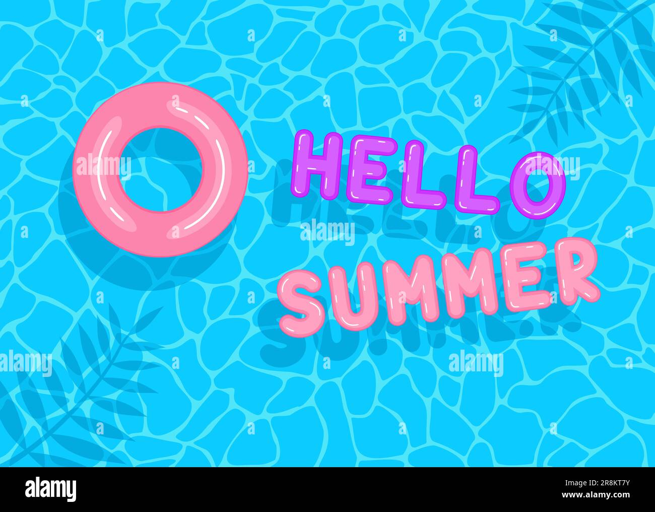 Hallo Sommer. Swimmingpool mit pinkfarbenen und lila schwimmenden aufblasbaren Buchstaben und Kreis. Draufsicht Stock Vektor