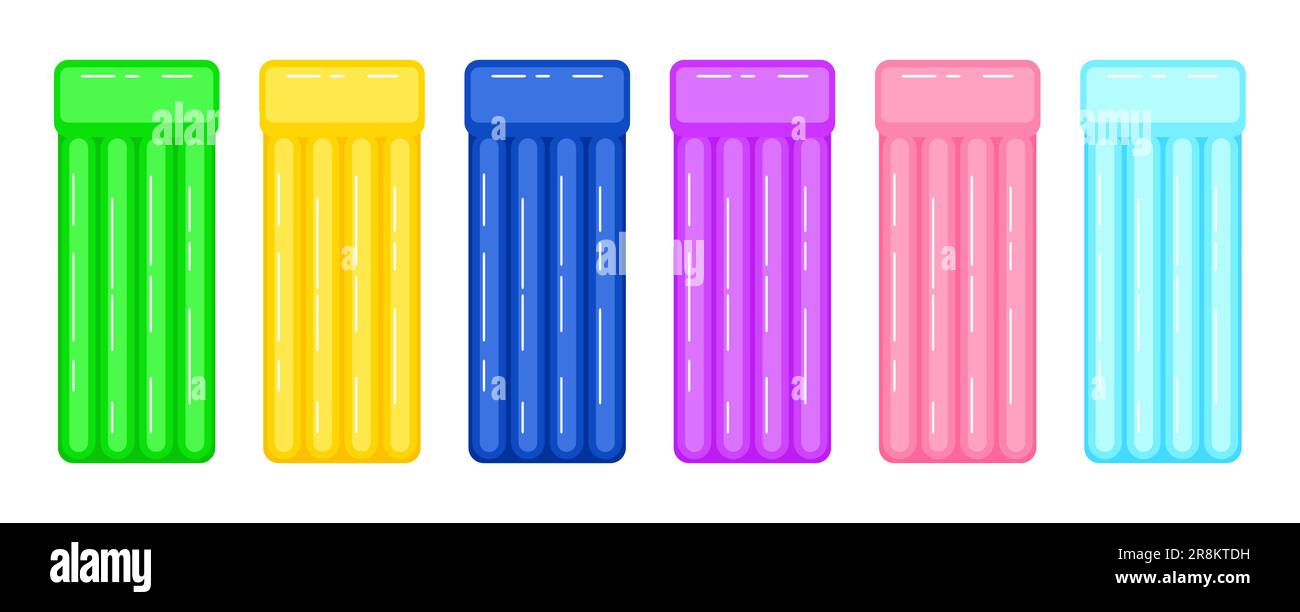 Sammlung mehrfarbiger Luftmatratzen. Aufblasbare Gummimatratzen in Gelb, Blau, Grün, Lila und Pink Stock Vektor