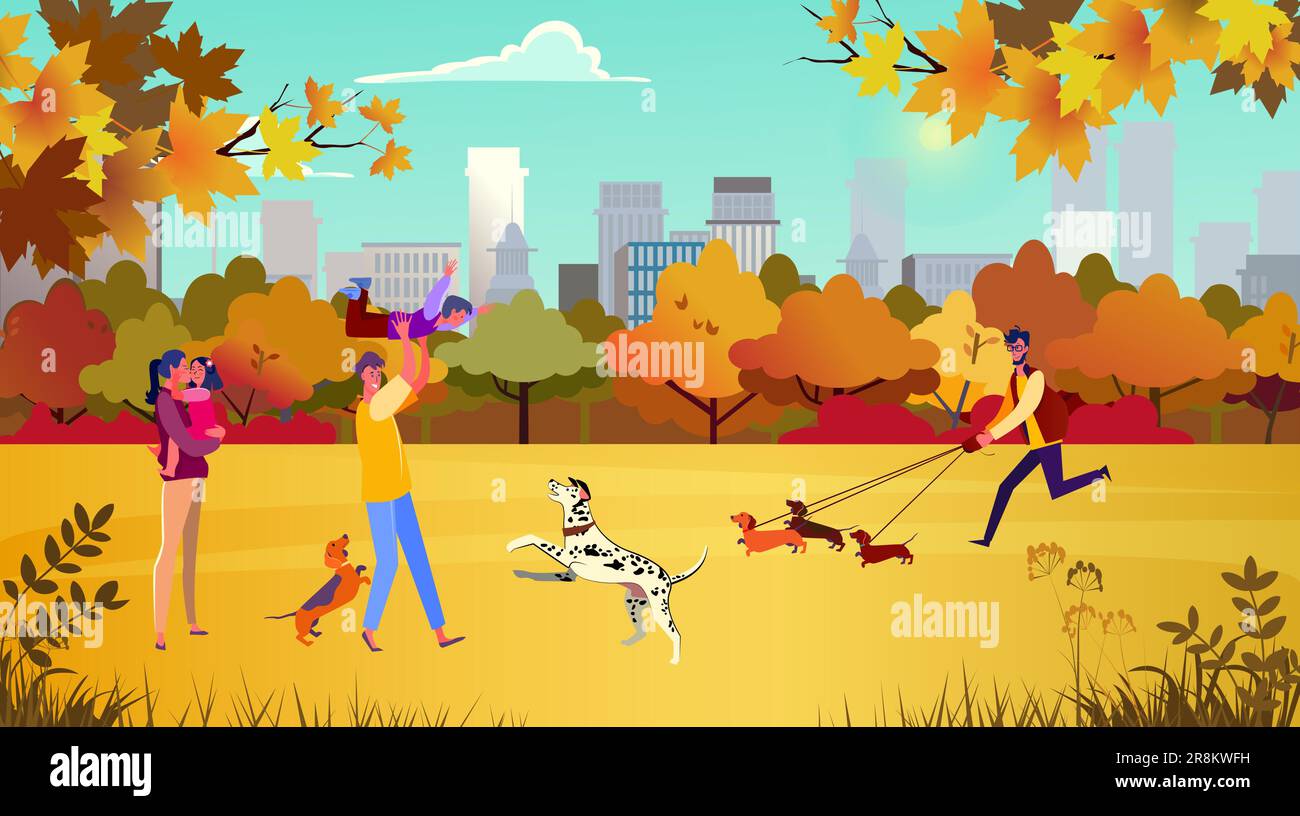 Die Leute gehen Hunde im Herbstpark spazieren Stock Vektor