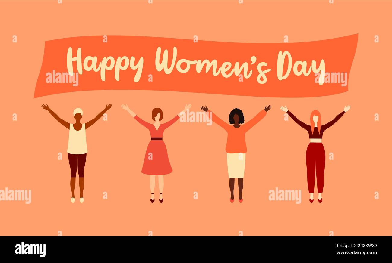 Frauen verschiedener Nationalitäten stehen zusammen mit einem langen Poster. Internationaler Frauentag. Abbildung eines flachen Vektors Stock Vektor