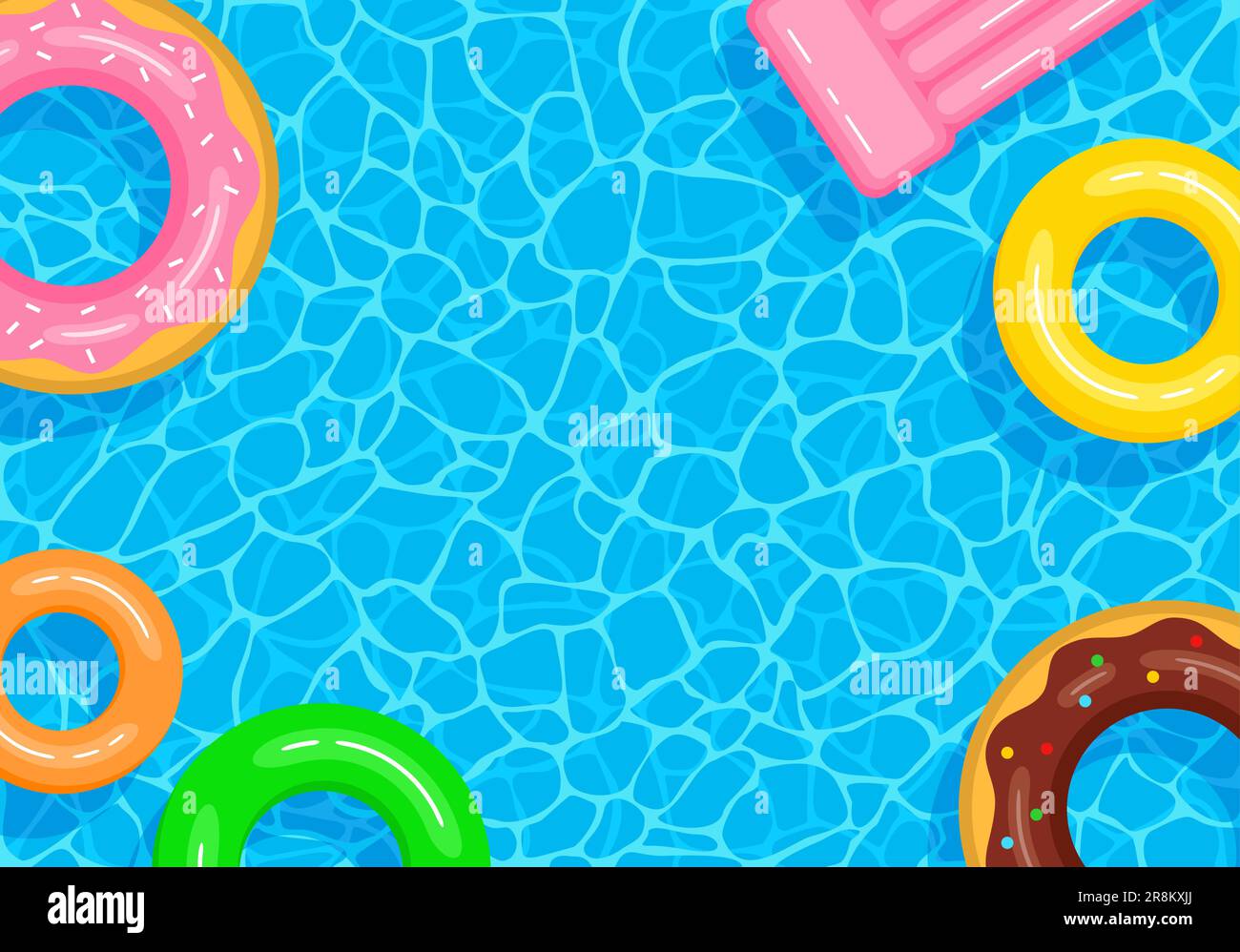 Hintergrund für den Sommerpool mit Kopierbereich. Farbenfrohe aufblasbare Kreise und Matratze, die auf der Wasseroberfläche schweben. Vektordarstellung in flacher Form Stock Vektor