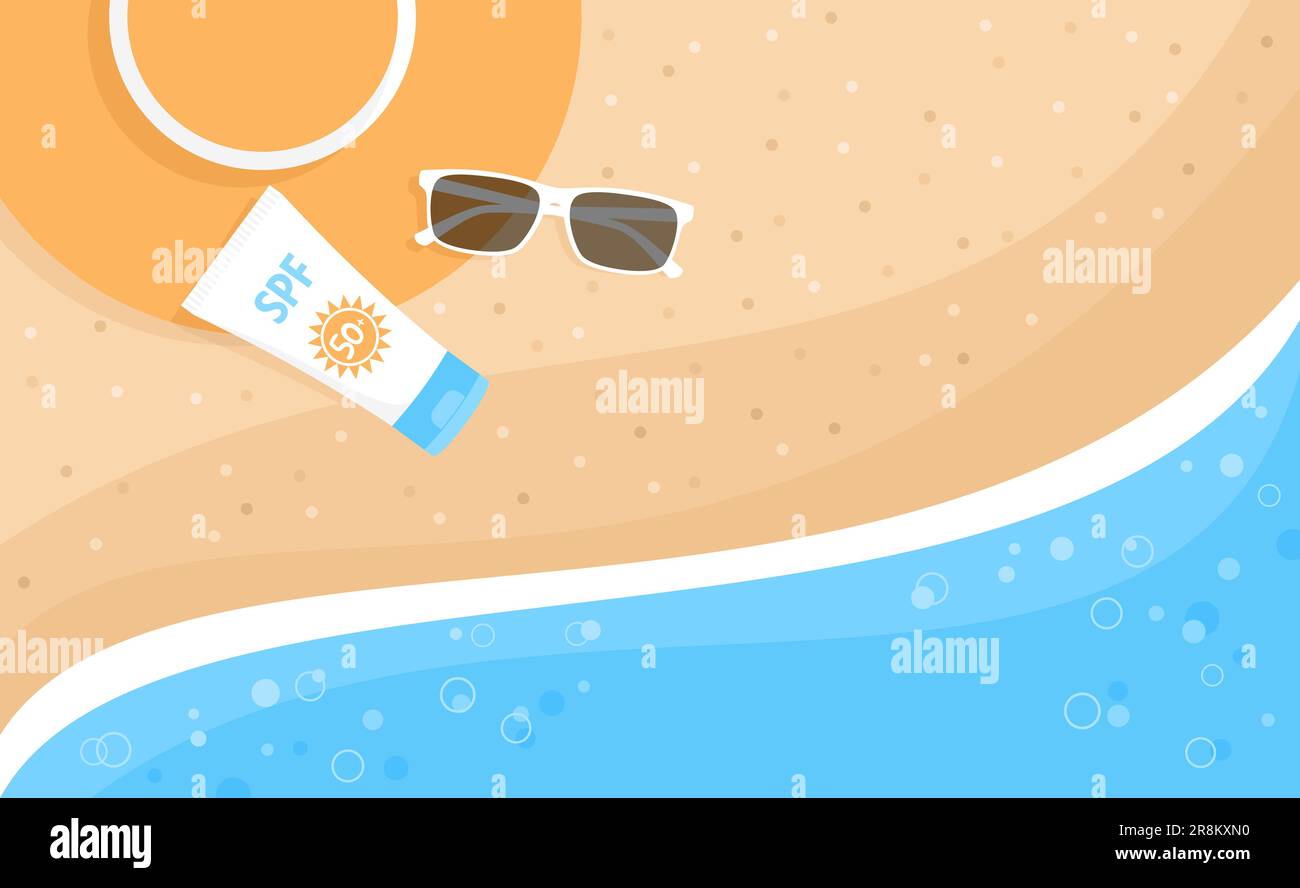 Eine Flasche Sonnencreme, Sonnenbrille und Strandmütze auf dem Sand in der Nähe der Meereswellen, Draufsicht. Abbildung eines flachen Vektors Stock Vektor