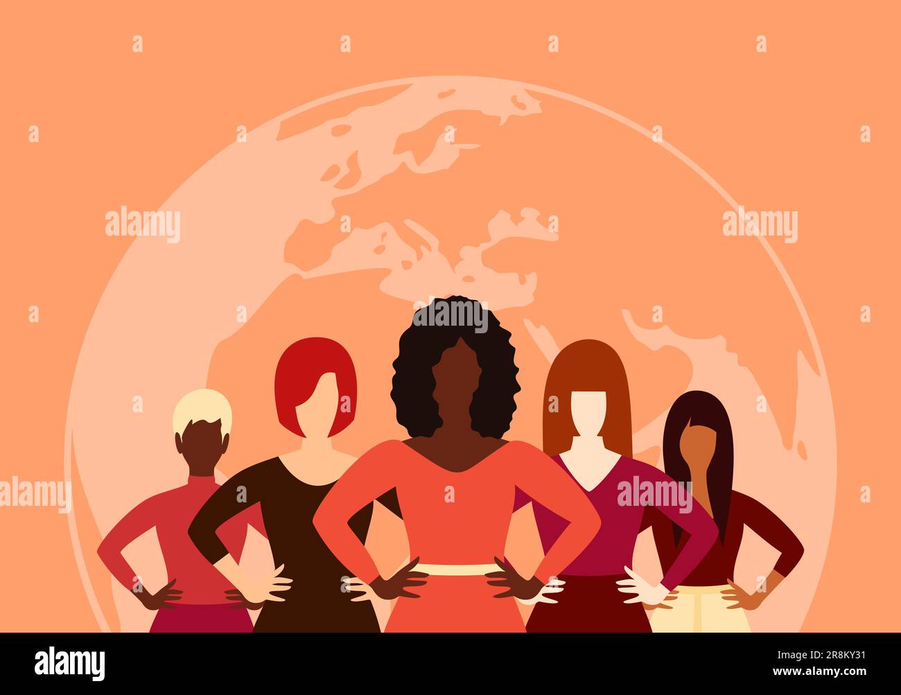 Frauen verschiedener ethnischer Gruppen, die im Hintergrund der Erde zusammenstehen. Vektordarstellung in flacher Form Stock Vektor
