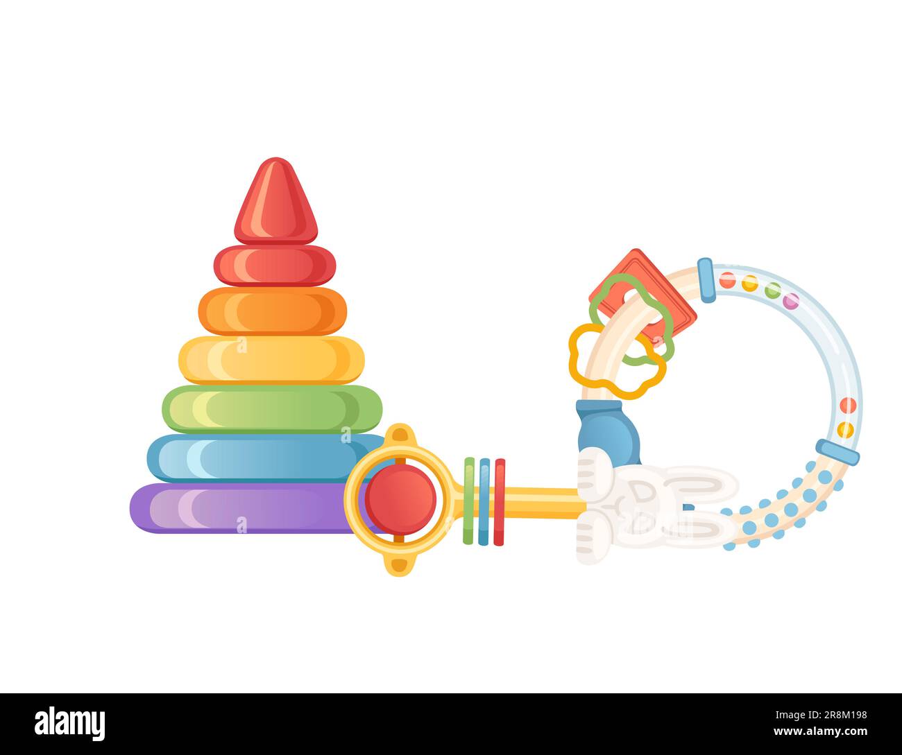 Set mit Babyspielzeugen Pyramiden-Beißarmband und Rasselspielzeug-Vektordarstellung isoliert auf weißem Hintergrund Stock Vektor