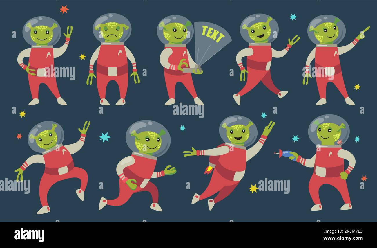 Lustige grüne Aliens flache Symbolgruppe Stock Vektor