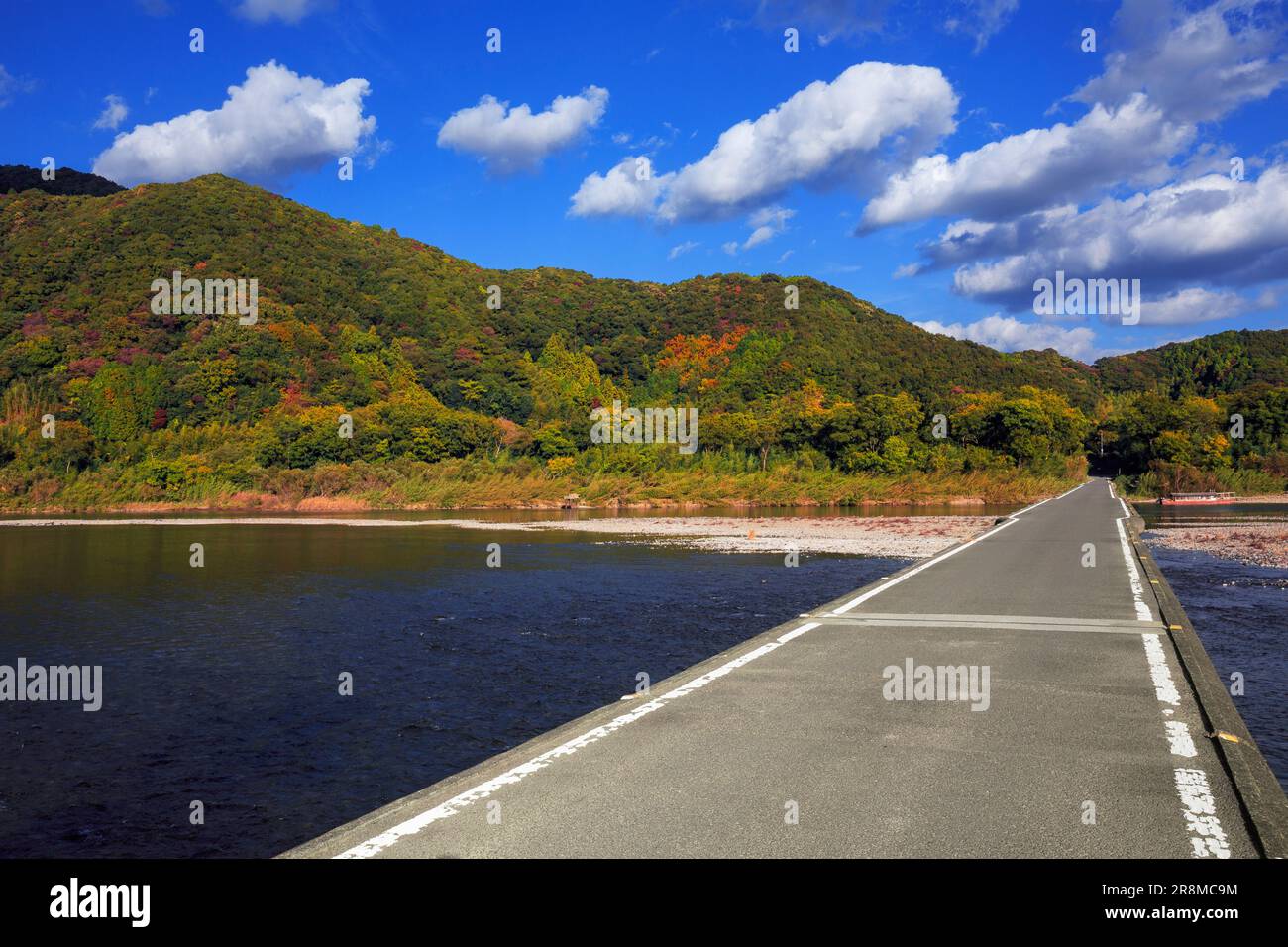 Sada-Tiefwasserüberquerung und Herbstfarben im Shimantogawa River Stockfoto