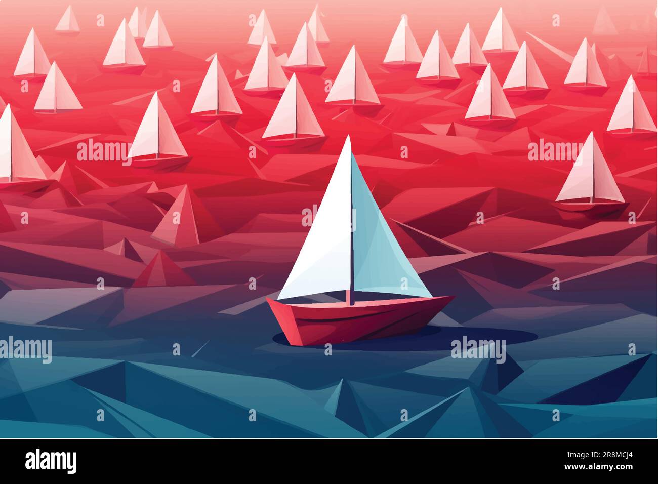 Karikaturvektor Darstellung der Flottenführerin, das rote Papierboot Origami, hebt sich von der weißen Flotte ab Stock Vektor