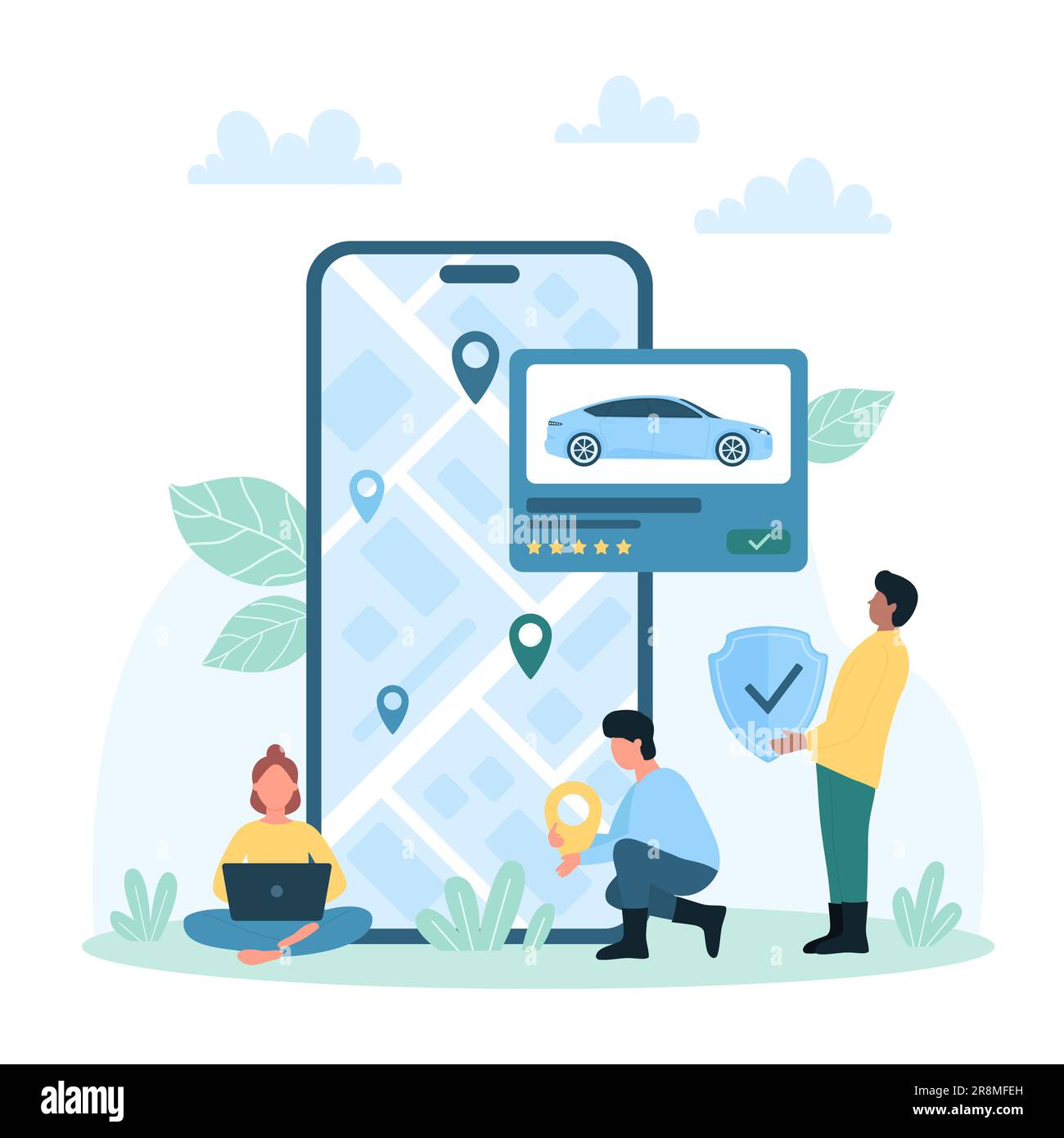 Fahrzeugvektordarstellung mieten und teilen. Cartoon winzige Menschen mit Sicherheitsschild und Positionsanzeiger verwenden Stadtplan in Smartphone für Navigation und Carsharing, Online-Taxi-App-Service mit Versicherung Stock Vektor