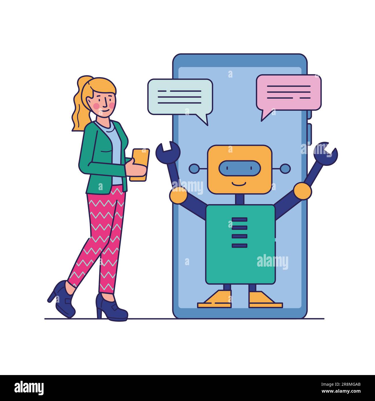 Frau, die ein Handy benutzt und mit einem Chatbot chattet Stock Vektor