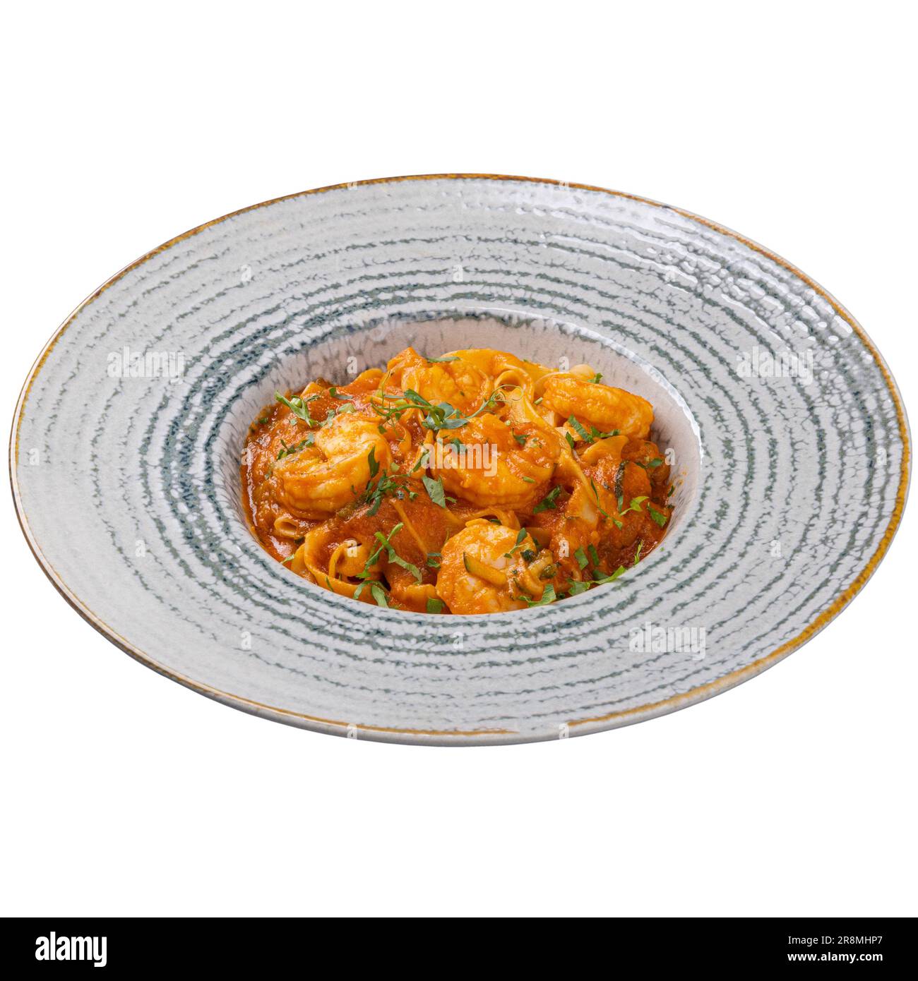 Tagliatelle mit Garnelen und roter Tomatensoße, Restaurantkonzept Stockfoto