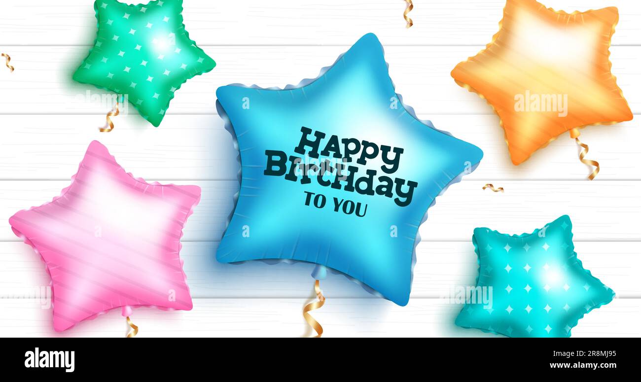 Geburtstagsballons Vektordesign. Happy Birthday Grußtext in Sternballon Partyelementen auf weißem Holzhintergrund. Vektordarstellung für die Geburt Stock Vektor