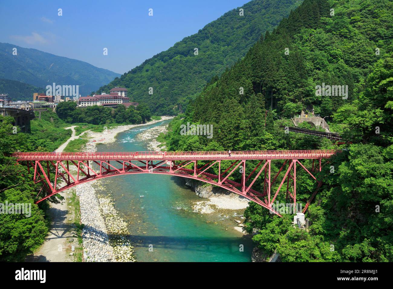 Yamahiko-Brücke und Unazuki-Thermalquelle Stockfoto