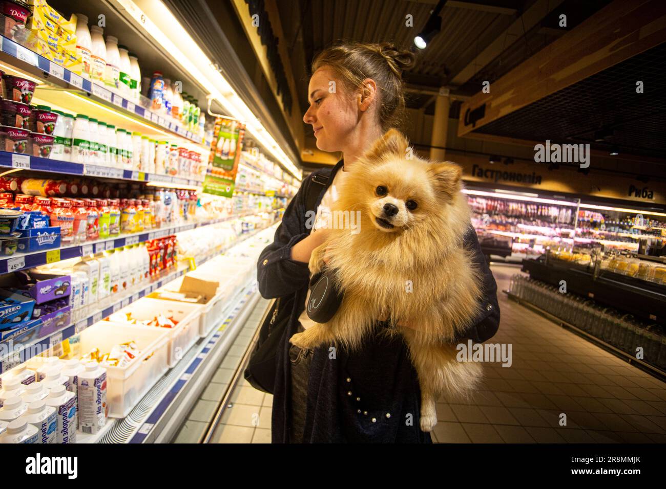 Junge Frau mit Haustier im ukrainischen Supermarkt Silpo in Kiew im Mai 2023, glückliche Momente des Frühlings nach schockierendem Winter Stockfoto