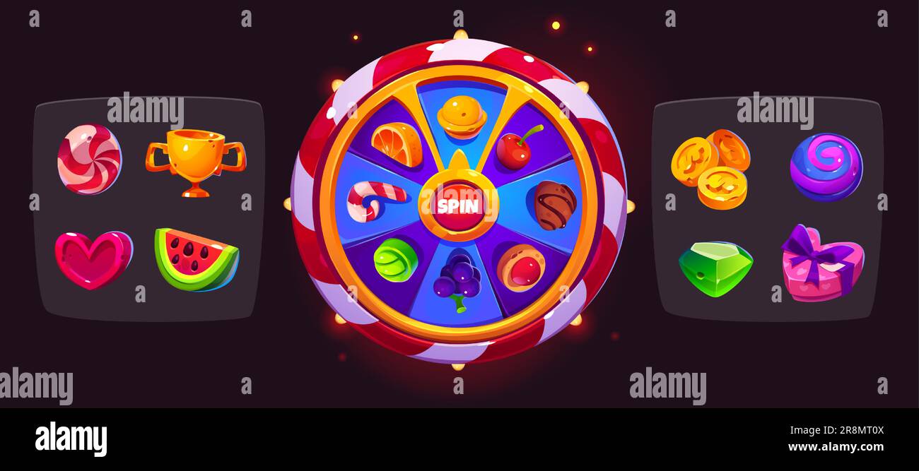Glücksspiel-Drehrad und Satz von Preissymbolen isoliert auf Schwarz. Vektorbild des Casino-Roulettes mit Lichtern, Obst, Schokoladenbonbons, Geschenkbox, goldenen Münzen, Trophäenbecher, Edelstein Stock Vektor