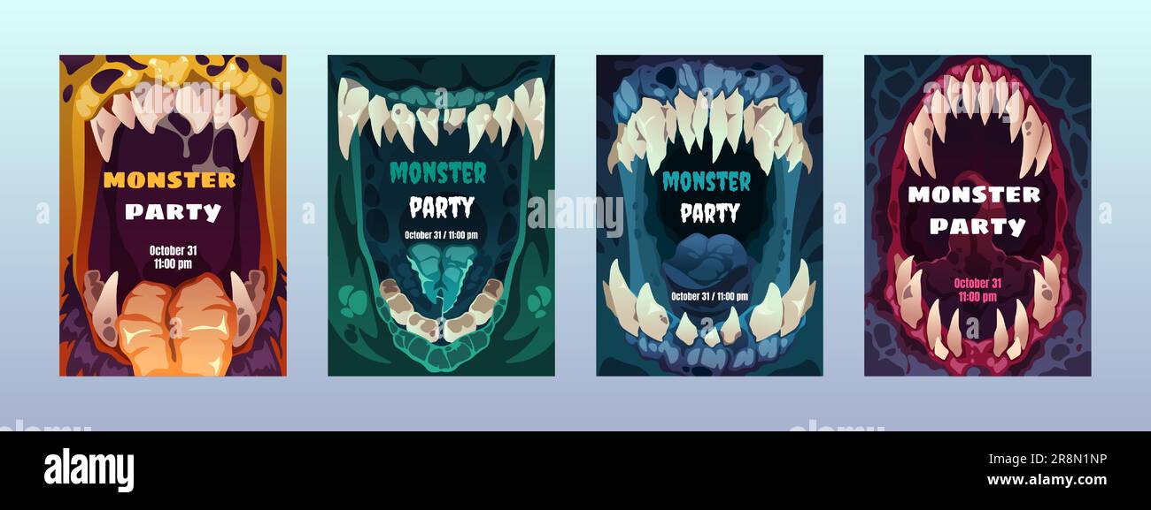 Unheimliche Mundplakate. Süße, gruselige Monsterlippenzähne, bunte, außerirdische Charaktere, Emotionen für Halloween Party-Einladung-Cove-Flyer. Vektorsatz. Sp Stock Vektor