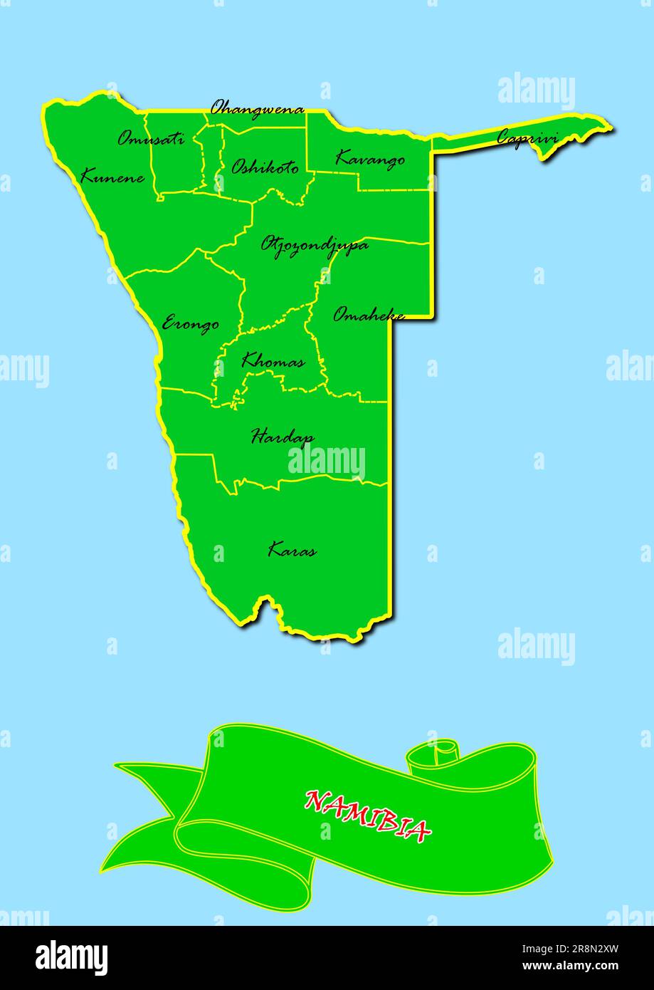 Karte von Namibia mit Unterregionen in grünem Ländernamen in Rot Stockfoto