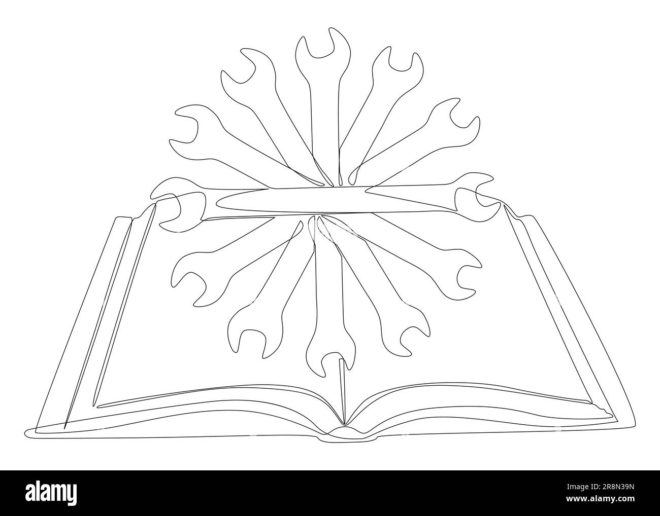 Eine durchgehende Zeile Buch mit Schraubenschlüssel. Vektorkonzept der Bedienungsanleitung zur Darstellung dünner Linien. Kontur Zeichnen kreativer Ideen. Stock Vektor