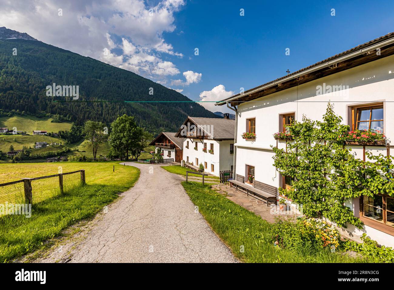 Typische Wohnhäuser in Neustift im Stubai Valley, Stubai Valley, Stubai, Tirol, Österreich Stockfoto