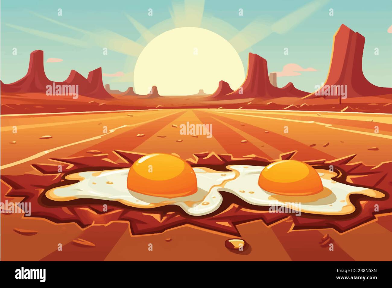 Cartoon-Vektordarstellung von "Sizzling Vorsicht", "Egg Pommes" auf einer glühenden Wüstenstraße unter heißer Sonne Stock Vektor