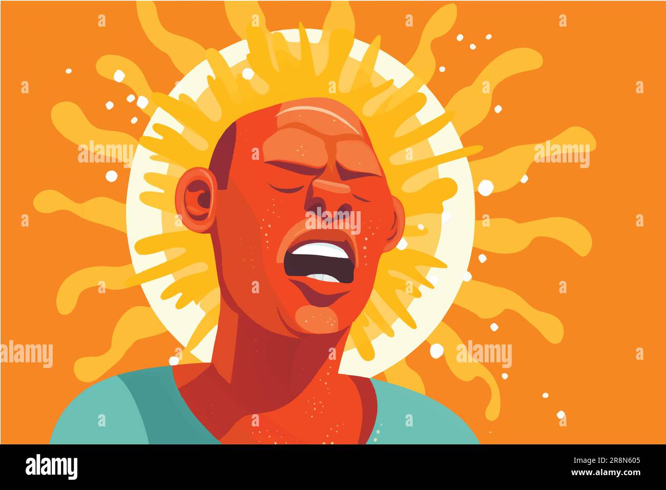 Cartoon-Vektor-Darstellung Eines Mannes, der unter einer wütenden Sonne schwitzt und eine Hitzewelle oder einen sehr heißen Sommertag darstellt Stock Vektor