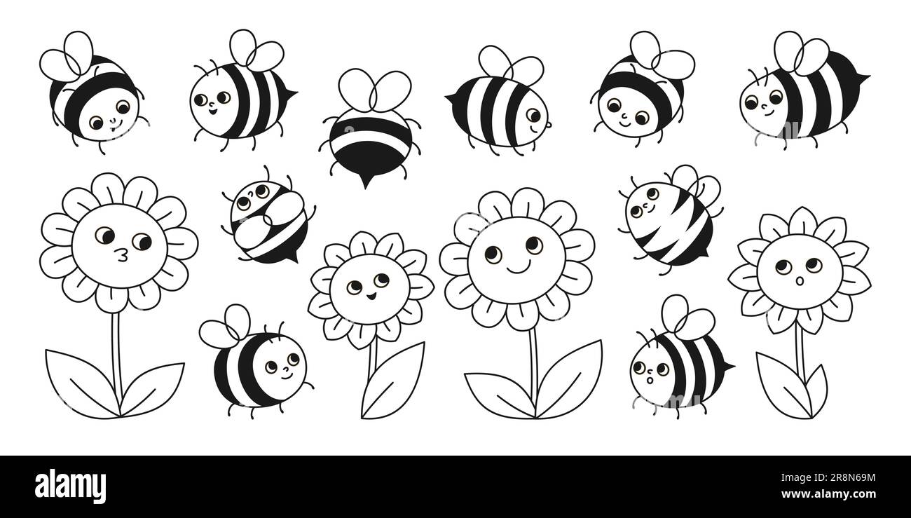 Bienenhonig und Blumen niedliches Schildset. Comics Kinder Honigbienen Insektenfiguren mit lustigen Gesichtern. Süße, handgezeichnete Sommer-Comic-Smiley-Streifen Bienen Retro-Cartoon-Design Vektordarstellung Stock Vektor