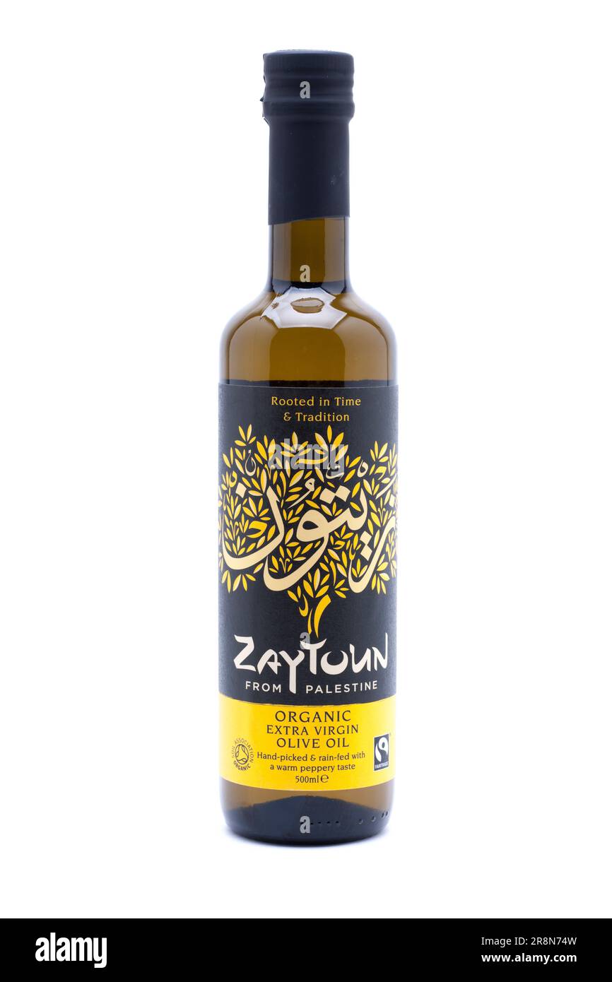 Flasche Zaytoun Organic Extra Virgin Olivenöl Stockfoto
