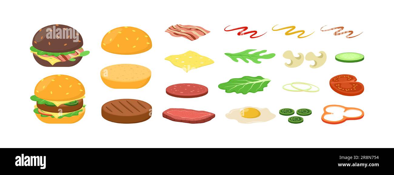 Cartoon Burgerzutaten Flat Icon Kollektion Stock Vektor
