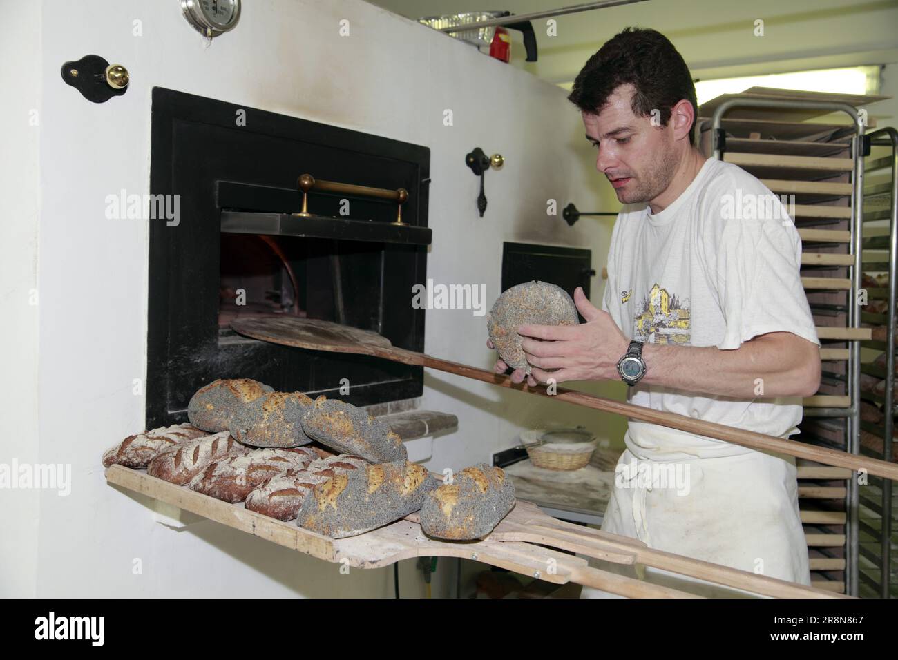 Bio-Bäcker, zertifiziert von Ecocert bei der Arbeit in seiner Werkstatt. Mauguio, Occitanie, Frankreich Stockfoto