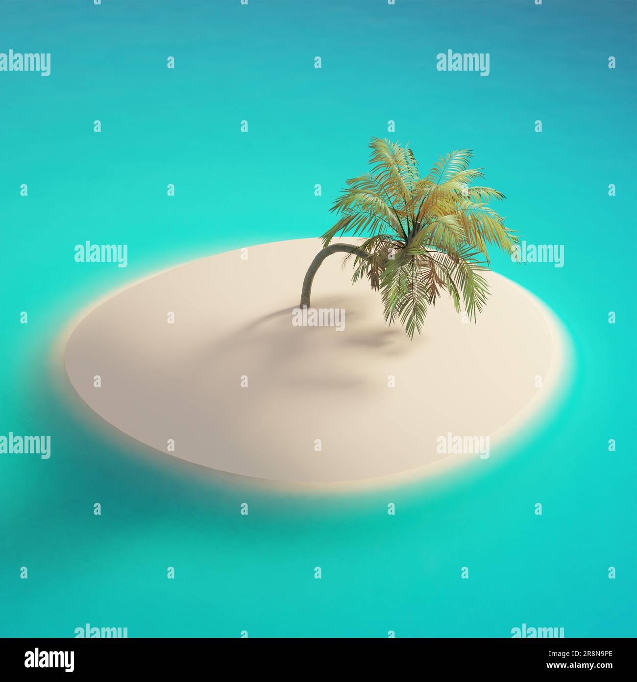 Leere tropische Insel mit Palmen im türkisfarbenen Ozean, Urlaubs- oder Reisekonzept, 3D-Rendering Stockfoto