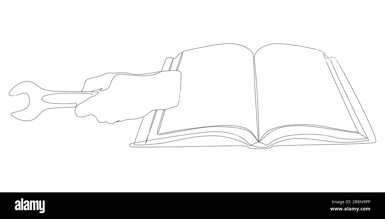 Eine durchgehende Zeile Buch mit Schraubenschlüssel. Vektorkonzept der Bedienungsanleitung zur Darstellung dünner Linien. Kontur Zeichnen kreativer Ideen. Stock Vektor