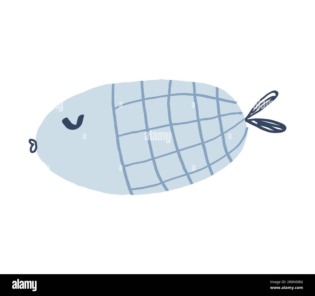 Süßer handgezeichneter Fisch. Blaues Tier mit dunkelblauem Muster. Unterwasserwelt. Komischer kindischer Doodle-Stil. Vektordarstellung auf weiß isoliert. Stock Vektor