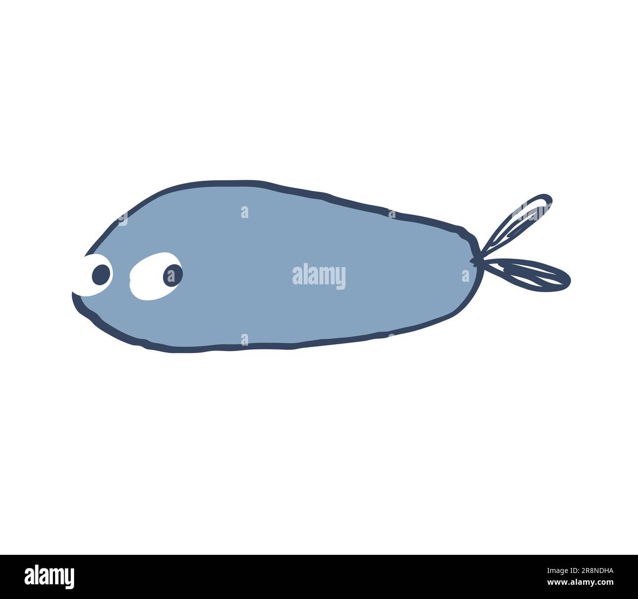 Süßer handgezeichneter Fisch. Blaues Tier mit dunkelblauem Umriss. Unterwasserwelt. Komischer kindischer Doodle-Stil. Vektordarstellung auf weiß isoliert. Stock Vektor