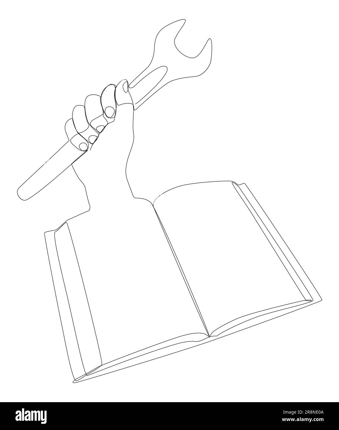 Eine durchgehende Zeile Buch mit Schraubenschlüssel. Vektorkonzept der Bedienungsanleitung zur Darstellung dünner Linien. Kontur Zeichnen kreativer Ideen. Stock Vektor