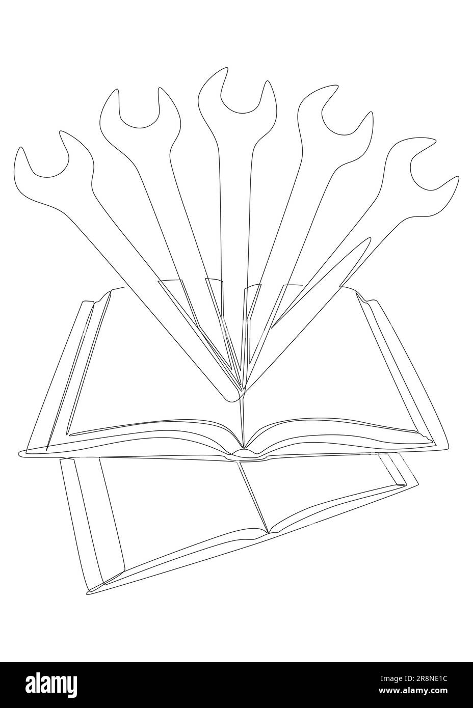 Eine durchgehende Zeile Buch mit Schraubenschlüssel. Vektorkonzept der Bedienungsanleitung zur Darstellung dünner Linien. Kontur Zeichnen kreativer Ideen. Stock Vektor