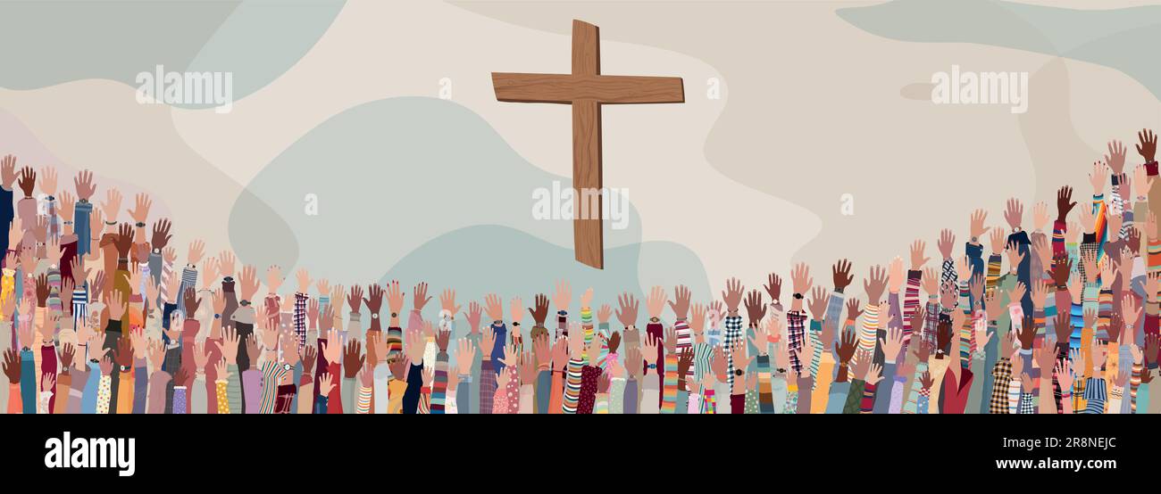 Gruppieren Sie viele Christen mit erhobenen Händen, die beten oder singen. Christentum in der Welt. Christliche Verehrung. Konzept des Glaubens an Jesus Christus Stock Vektor