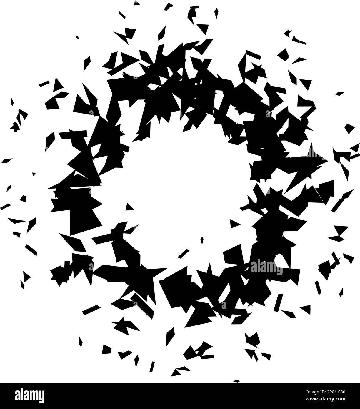Kreisförmige Trümmer und Sprünge. Schwarze Bruchteile, Flecken, Flecken und Partikel. Abstrakte Explosion und geplatztes Texturelement. Darstellung des Vektorrahmens Stock Vektor