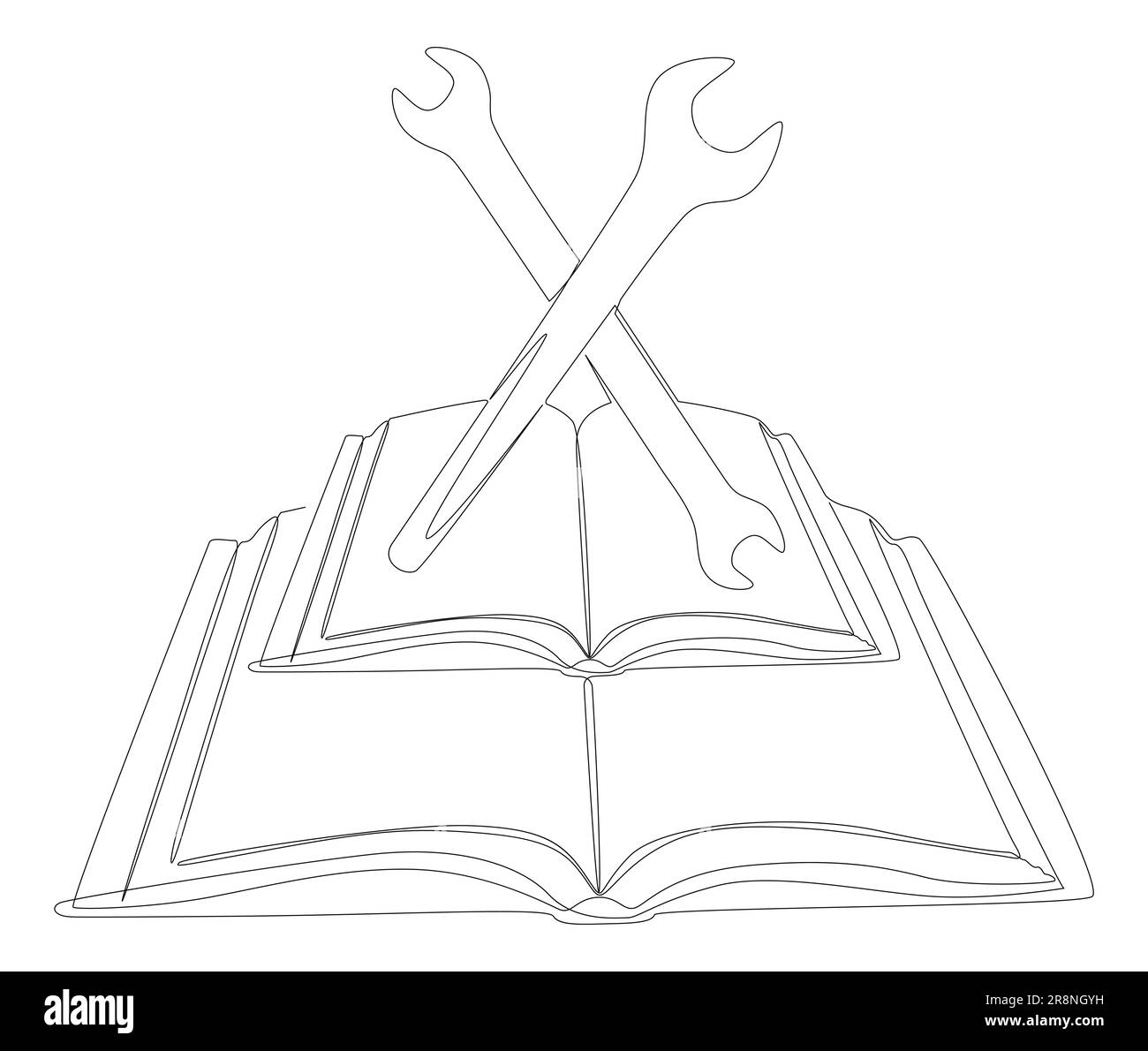 Eine durchgehende Zeile Buch mit Schraubenschlüssel. Vektorkonzept der Bedienungsanleitung zur Darstellung dünner Linien. Kontur Zeichnen kreativer Ideen. Stock Vektor