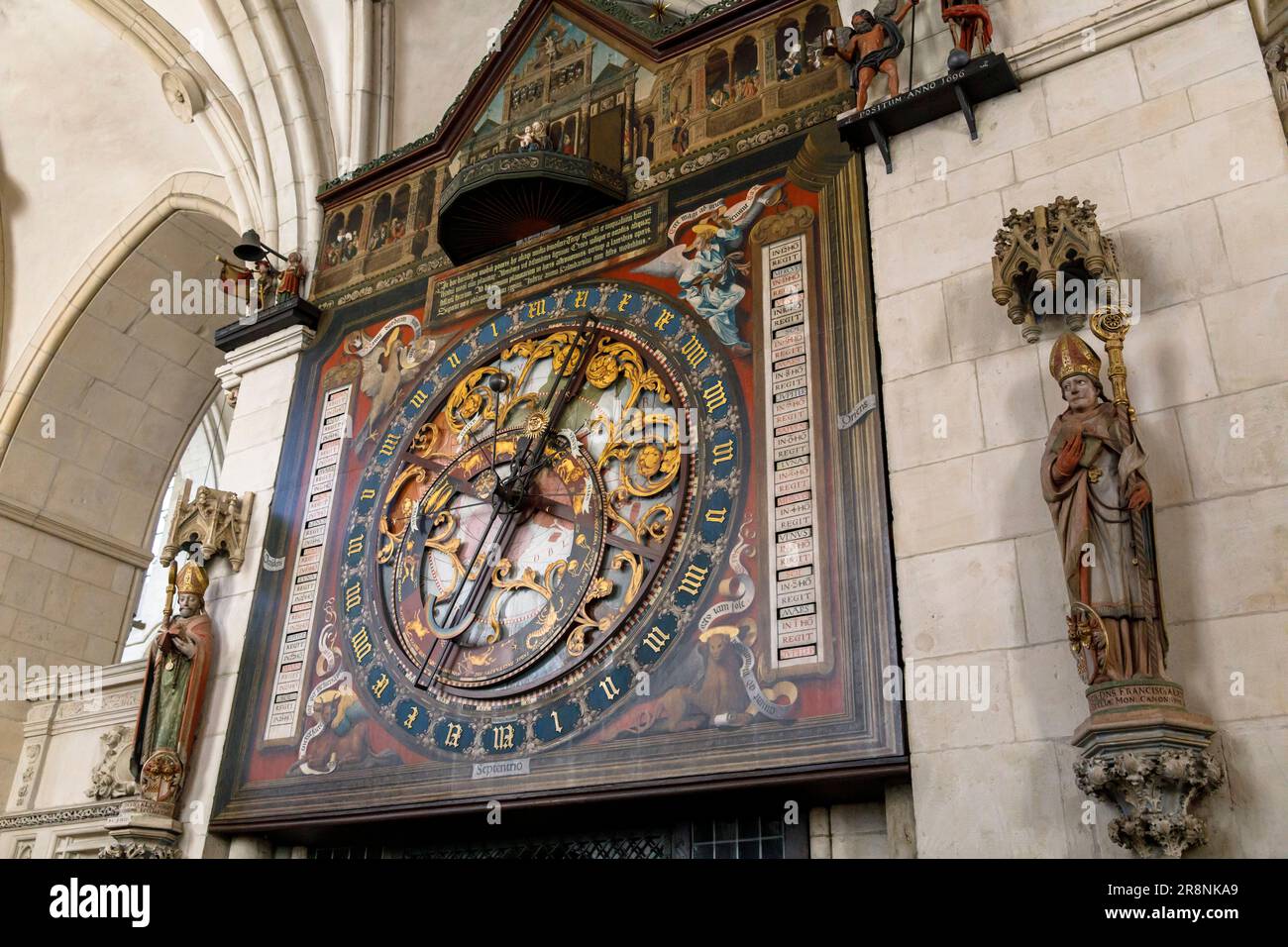 Astronomische Uhr mit Glockenspiel in der Kathedrale St. Paul, Münster, Nordrhein-Westfalen, Deutschland, Astronomische Uhr mit Glockenspiel im St. Pa Stockfoto