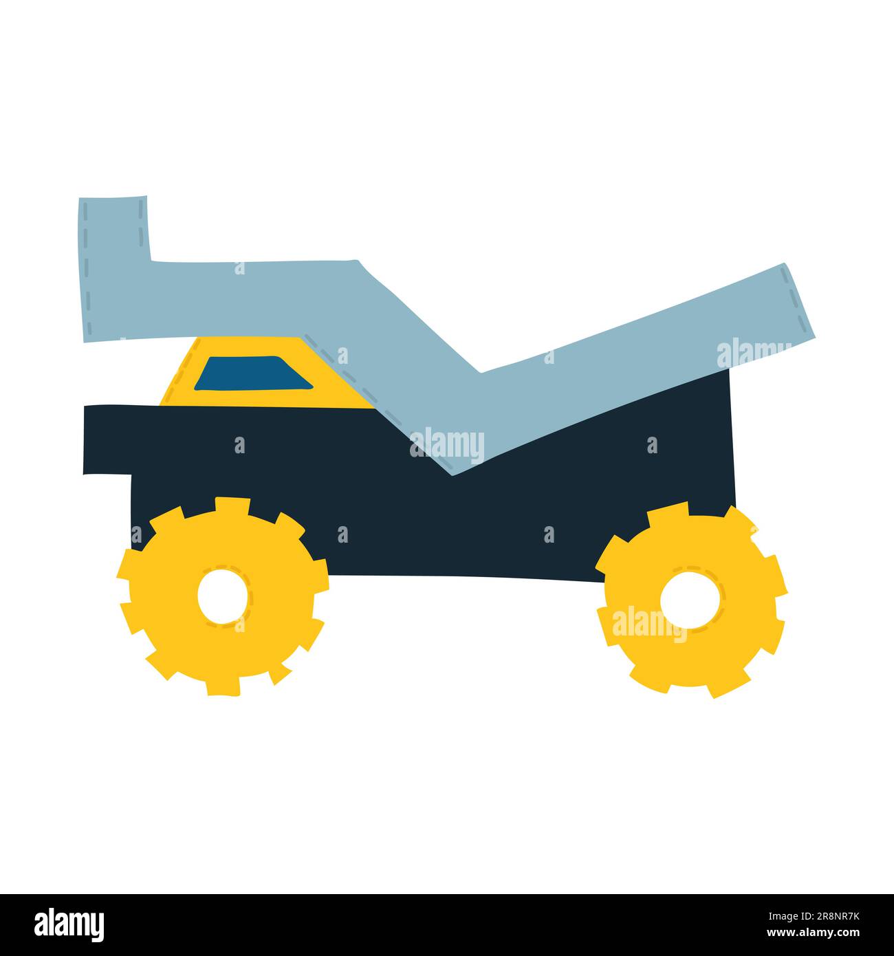 Niedlicher Lkw-Kipper mit gelben Rädern. Lustiges Auto mit Stoff-, Textil- und Tapetendesign im skandinavischen Stil. Handgezeichneter Vektor illustr Stock Vektor