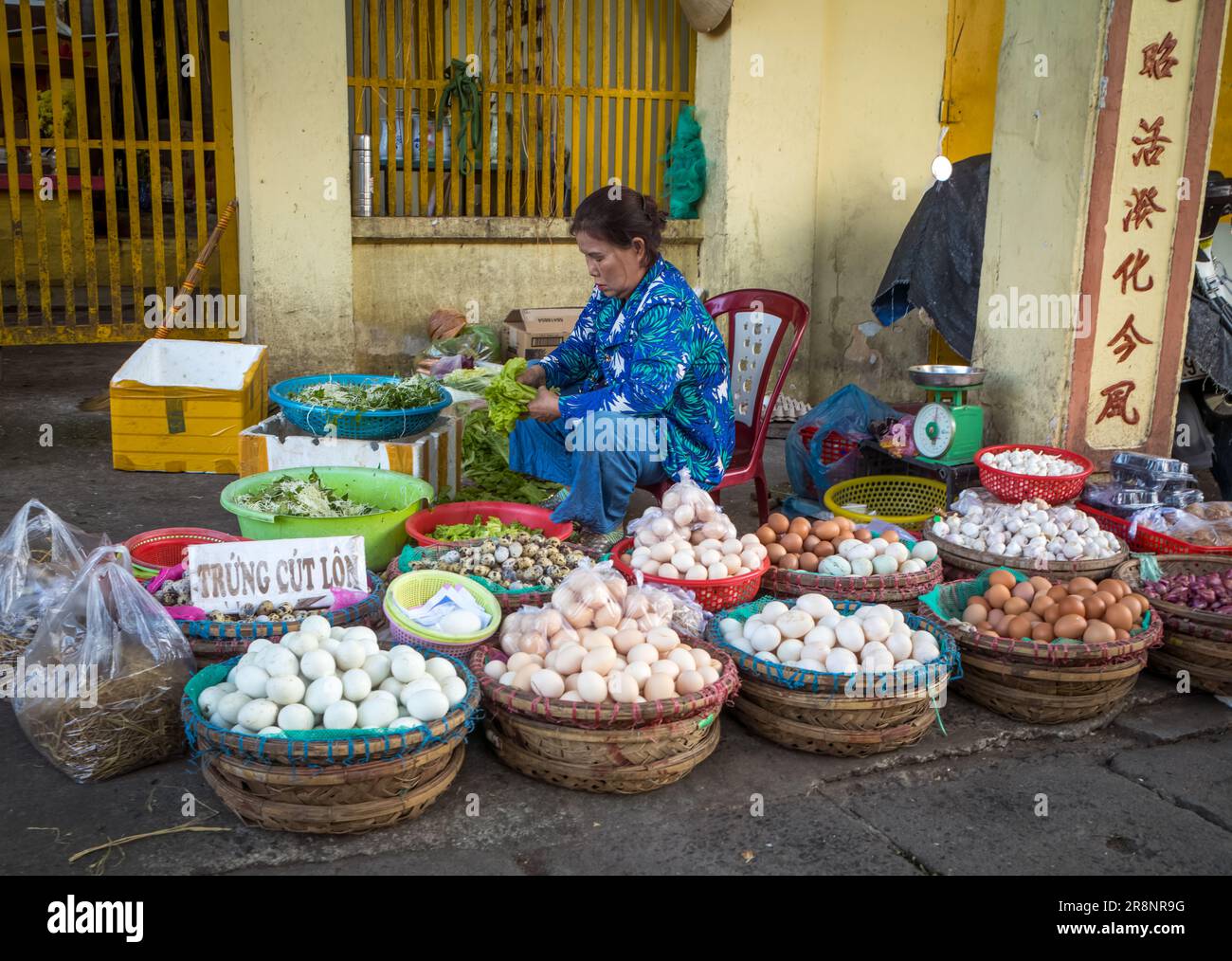 Eine Marktverkäuferin mittleren Alters verkauft Eier auf dem zentralen Markt in Kontum, im zentralen Hochland Vietnams. Stockfoto