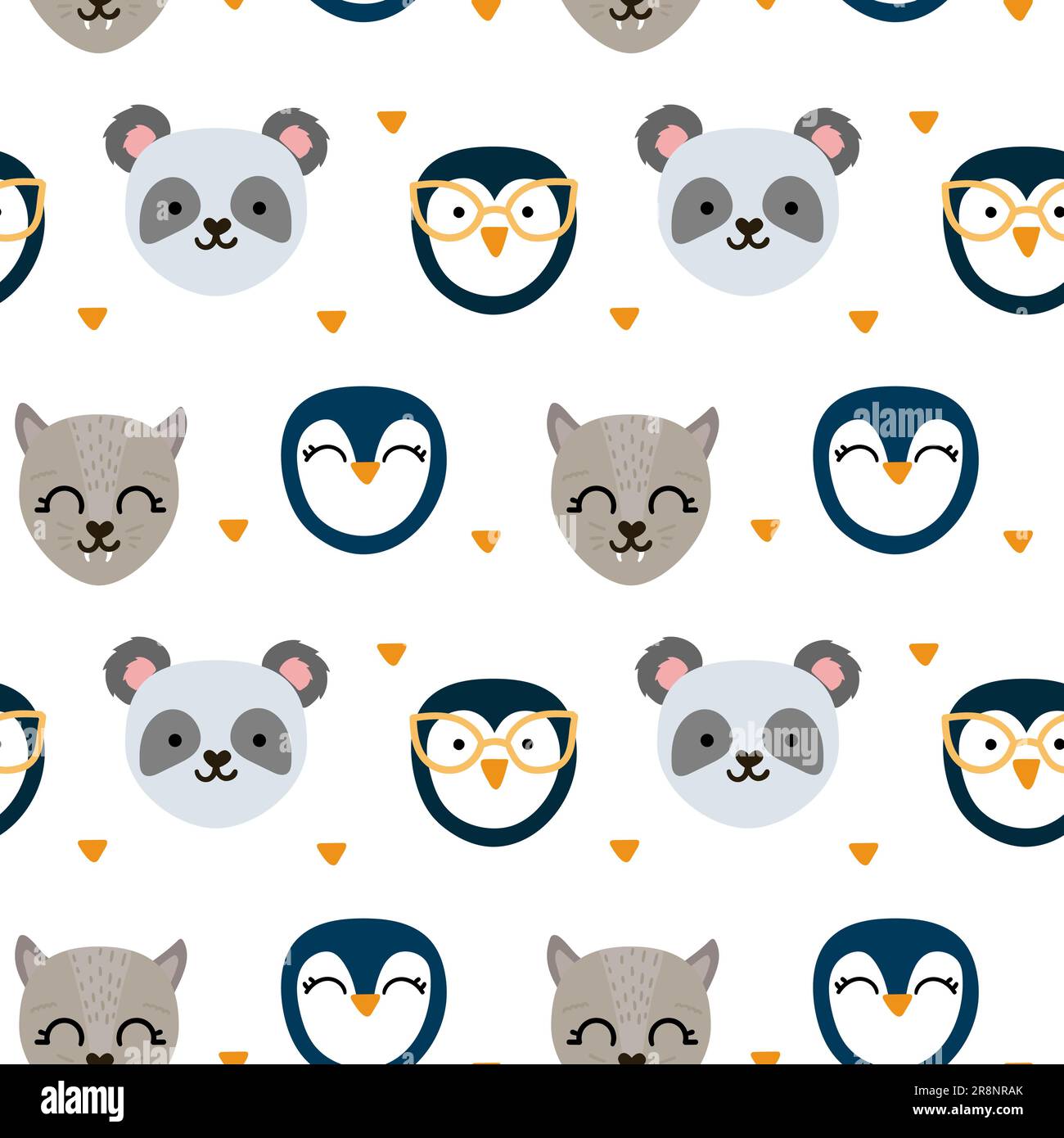 Nahtloses Muster mit süßen, von Hand gezogenen Katzen, Pinguinen und Pandas. Gelbe Formen mit weichen Kanten. Ideal für Textilien oder Websites. Vektordarstellung Stock Vektor