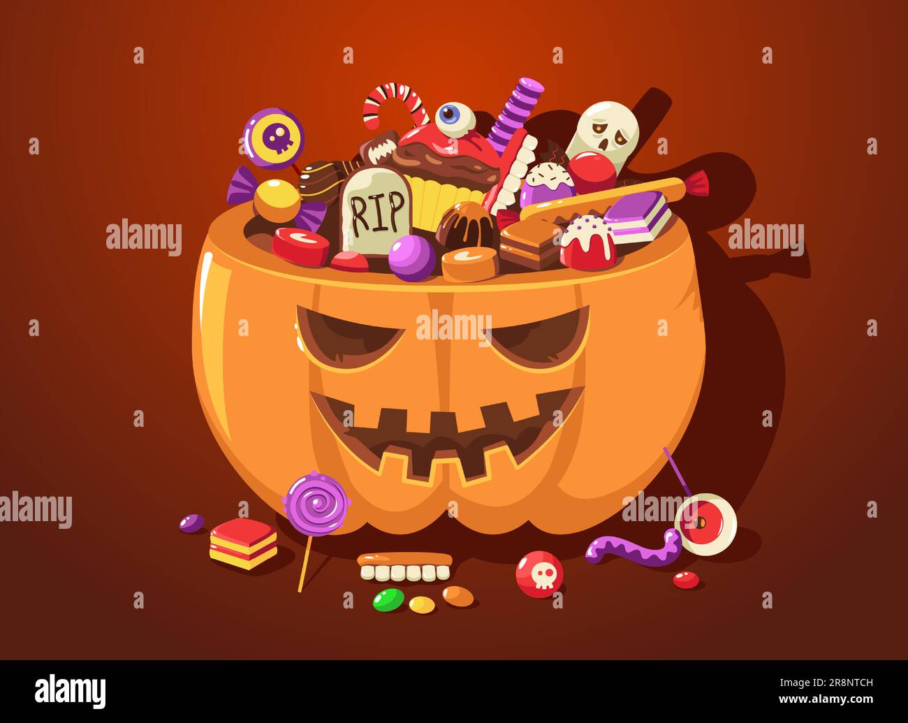 Halloween-Kürbis mit Süßigkeiten. Cartoon niedlicher, gruseliger Korb voller Süßigkeiten für Kinder zum Festivalfest im Oktober. Vektordarstellung. C Stock Vektor
