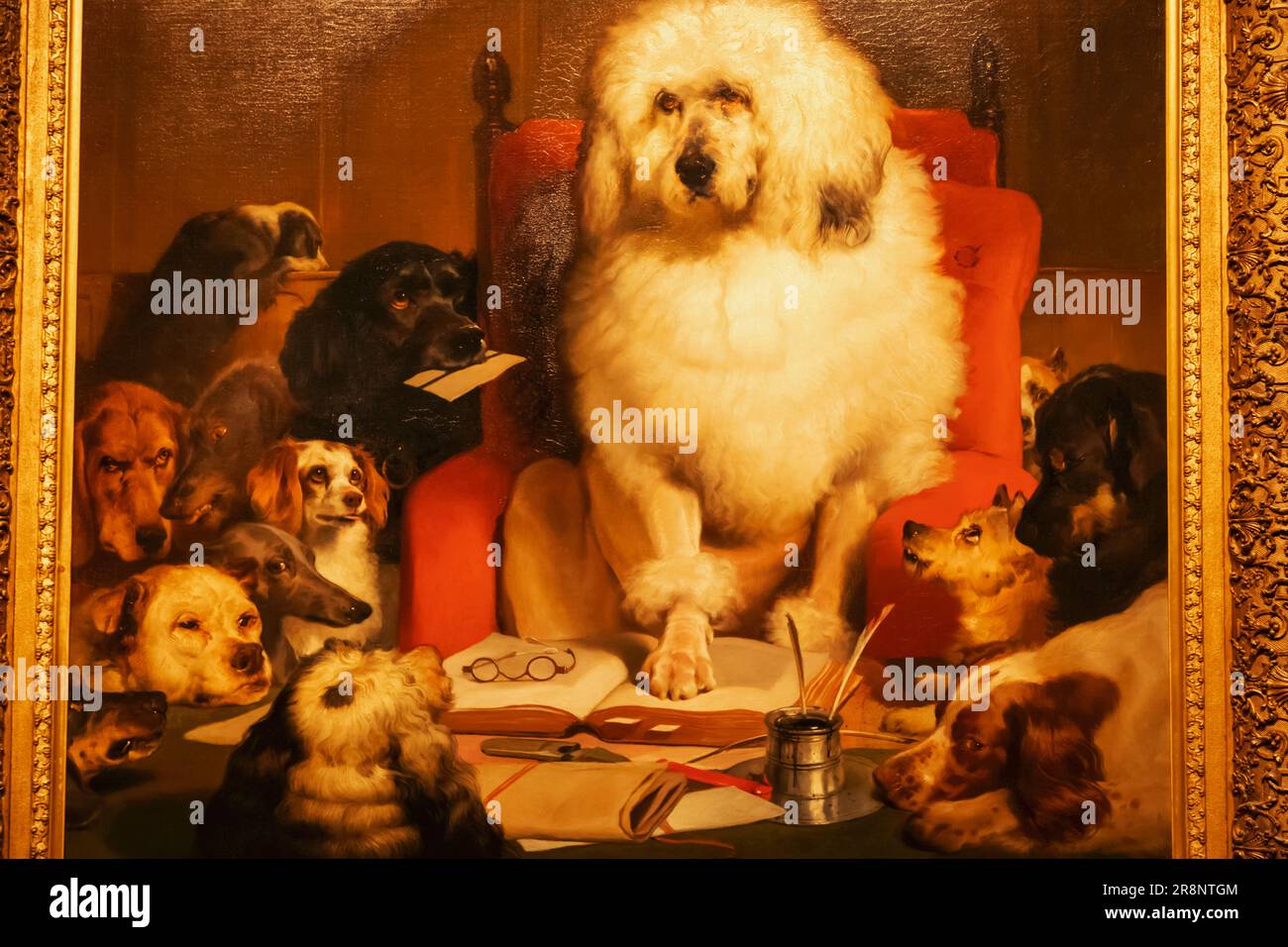Gemälde von Hunden mit dem Titel „Laying Up the Law or Trial by Jury“ von Edwin Landseer vom 1840 Stockfoto