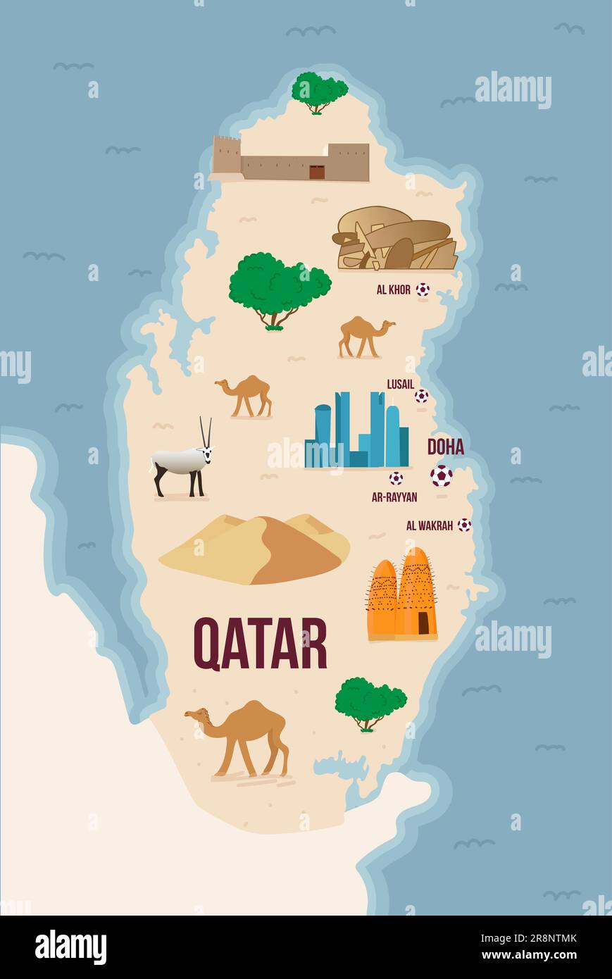Illustrierte Karte von Katar mit Fußbällen, Namen und Wahrzeichen der Stadt. Museen und berühmte Orte. Farbige Karte zum weltweiten Wettbewerb. Vector illu Stock Vektor