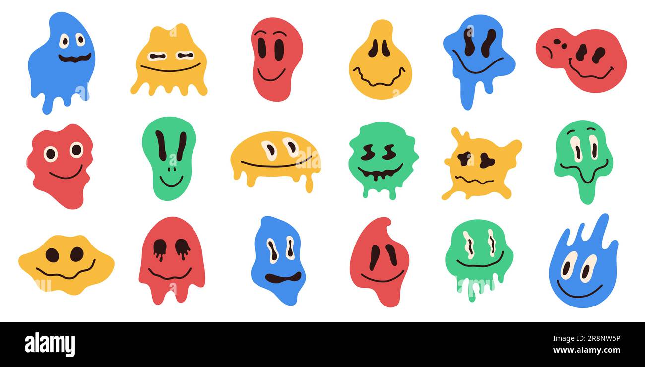 Bunte verzerrte Emoji. Abstrakte Schmelzgesichter surreale saure Groovy Schmelzgesichter, saure Warp Gesichtssymbole. Vector 90s psychedelische Stimmung von Smile Emoji f Stock Vektor