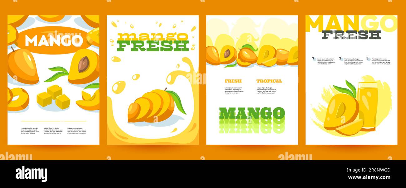Mango-Poster. Tropische süße reife Früchte mit Text und Logo, Cartoon-Broschüren mit Informationen zur vegetarischen Ernährung. Vektor isoliertes Ba-Set Stock Vektor