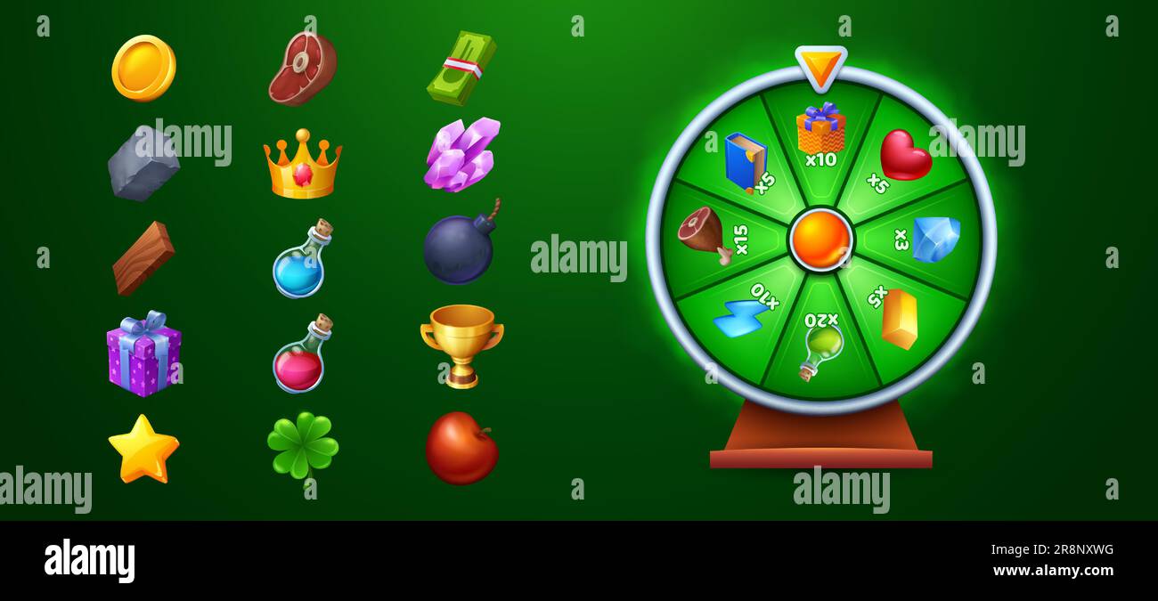 Glücksspiel-Drehrad und Satz von Preissymbolen isoliert auf Grün. Vektorbild des Casino-Roulettes mit Blitz, Herz, Zaubertrank und Diamanten, Geschenkbox, goldenen Münzen, Trophäenbecher Stock Vektor