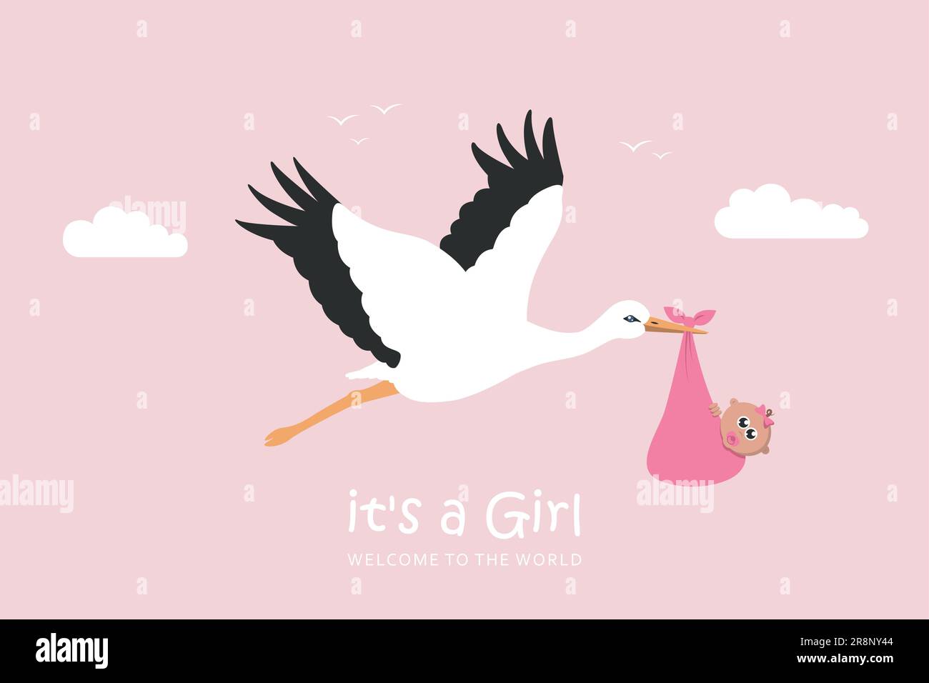 Baby Grußkarte mit Cartoon Storch mit neugeborenen Mädchen Stock Vektor