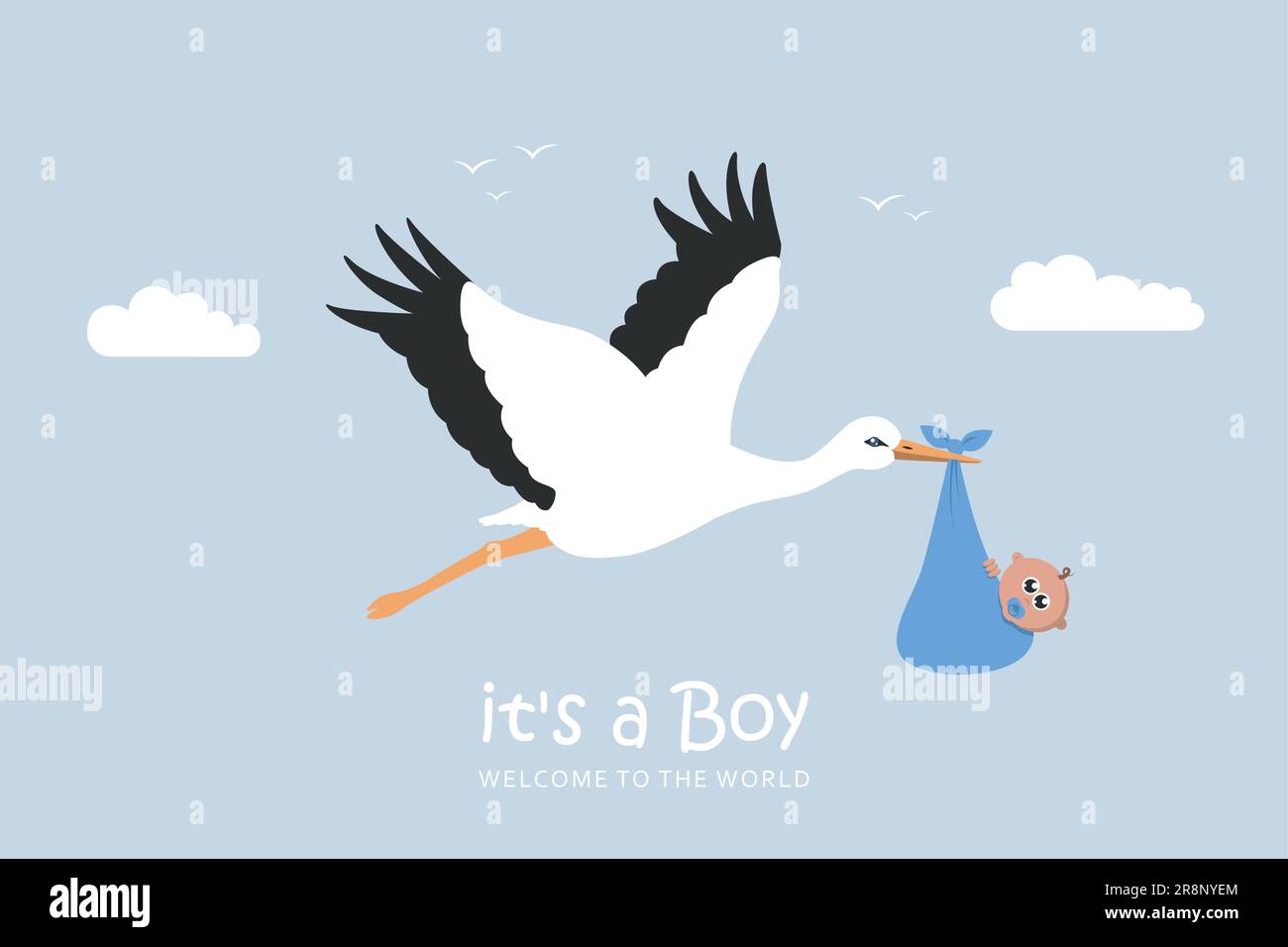 Baby Grußkarte mit Cartoon Storch mit neugeborenen Jungen Stock Vektor