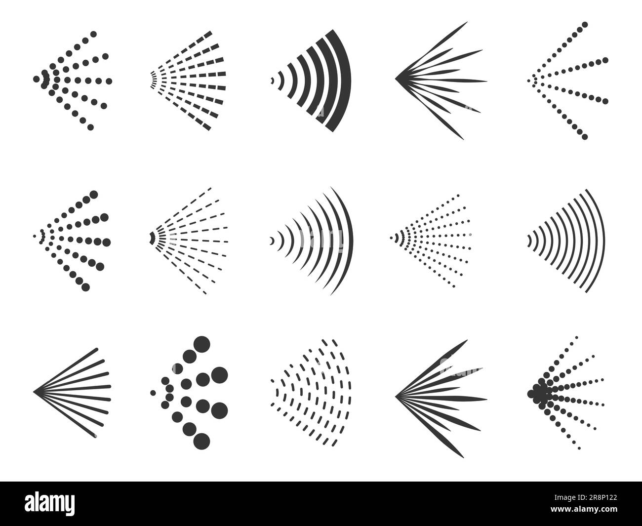 Sprühsymbole. Wasser-Aerosol und Luftspritzer, Symbole für Flüssigkeits- und Gasspritzer, Trockendusche und Haardesodorant. Vektorisolierter Satz Aerosolluft-Symbol, Spatte Stock Vektor